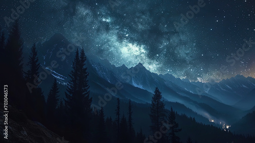 The mystical panorama of shining stars forming luminous tracks in the dark