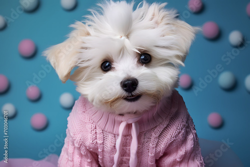 Maltese puppy wearing reading glasses and wearing beautiful, dog sweater, wearing Generative AI  © DemiourgosAI