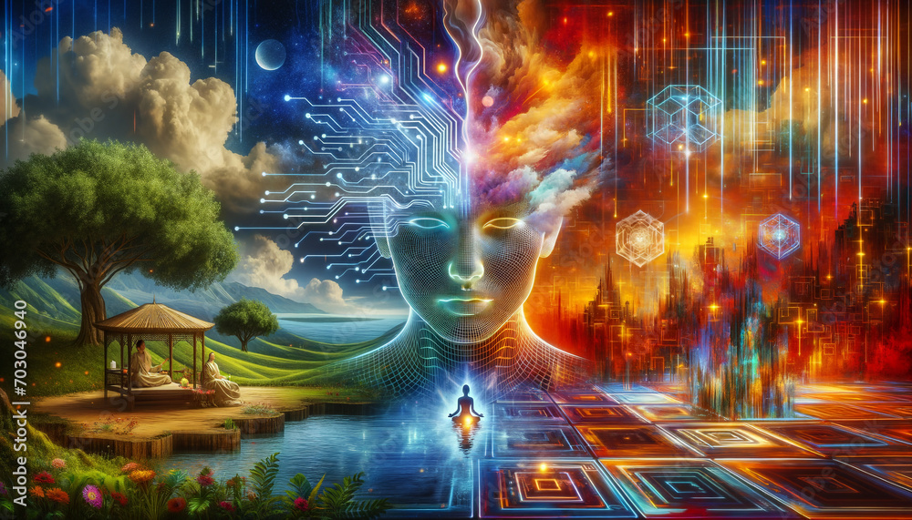 AI Healthcare: Serene face emits psychic waves in surreal landscape.