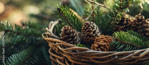 Foraged evergreen branches and pinecones in a basket. photo