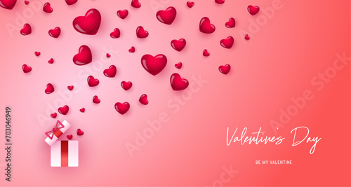 Happy Valentines Day card. Modern design with 3d cute hearts, gift box and red background. Valentine's day concept for celebration, ads, branding, banner, cover template, label, poster, sales.