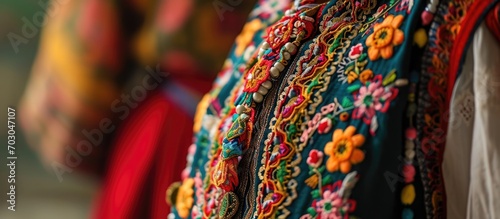 Polish woman's folk costume with colorful embroidery showcased in close-up. photo