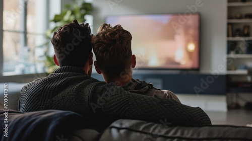 Inclusive Love. A Queer Gay Couple Embracing, Cuddling, Watching TV at Home, Creating a Safe and Intimate Space Together.