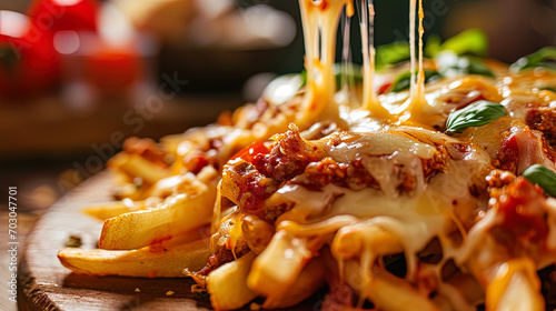 Photo of a giant portion of fries with juicy tomato sauce and a generous layer of cheese photo