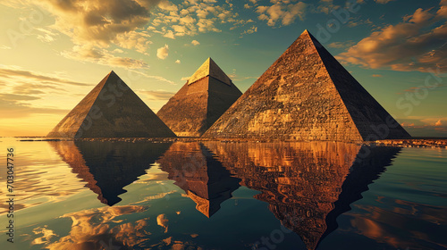 Pyramids reflected in artificial lake  creating a colorful mirror of illusions