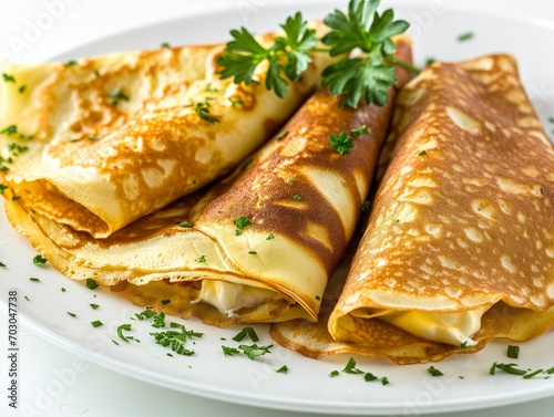 Crepes served with cream on white plate