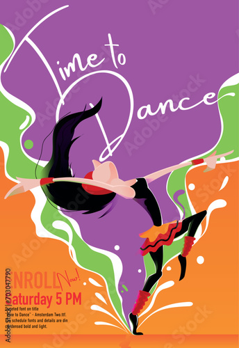 A dancer twirls and leaps across the stage, her face alight with joy. She is captured in a moment of pure movement and expression, her body a fluid blur of color and grace.