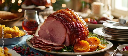 Traditional side dishes accompany a honey glazed spiral cut ham for holiday dinner.