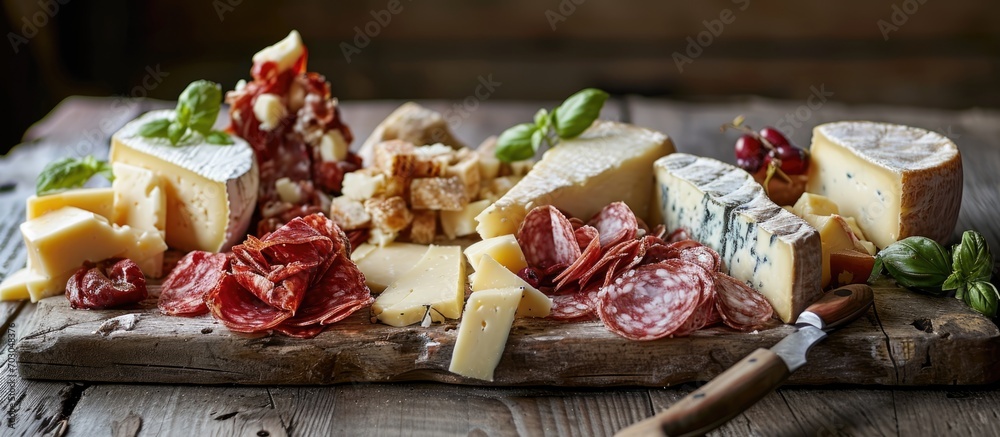 Sampling various cheeses and cured meats.