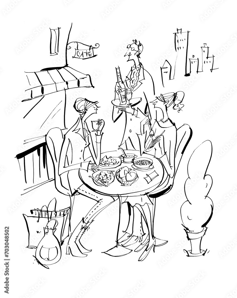 This is a hand-drawn illustration of two women enjoying lunch at a restaurant.