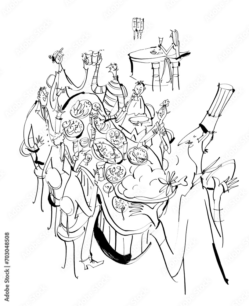 This is a hand-drawn illustration of people partying in a restaurant, looking happy.