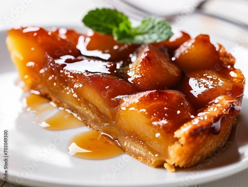 Piece of Tarte Tatin on white plate