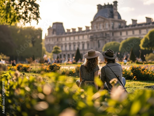 Pictures of a couple having a picnic in picturesque Parisian gardens  photo