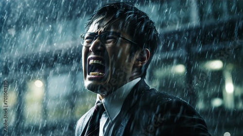 雨の中泣き叫ぶビジネスマン・悲しい・号泣・辛い・悔しい・ショック・絶望・倒産・リストラ・いじめ
 photo