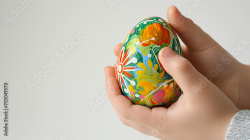 Close up of kid's hands holding hand painted colorful Easter eggs isolated on white background with copy space, for Easter Day's event and posters, greeting cards.