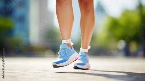 Closeup of a patient wearing a fitness tracker on their ankle, monitoring their balance and gait.