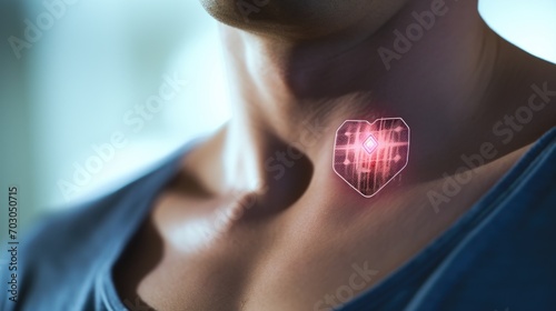 Closeup of a wireless patch sticked to a patients chest, transmitting vital signs for remote cardiac monitoring. photo