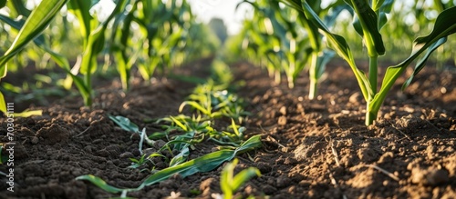 Young corn crops being damaged by environmental stress in the field. photo