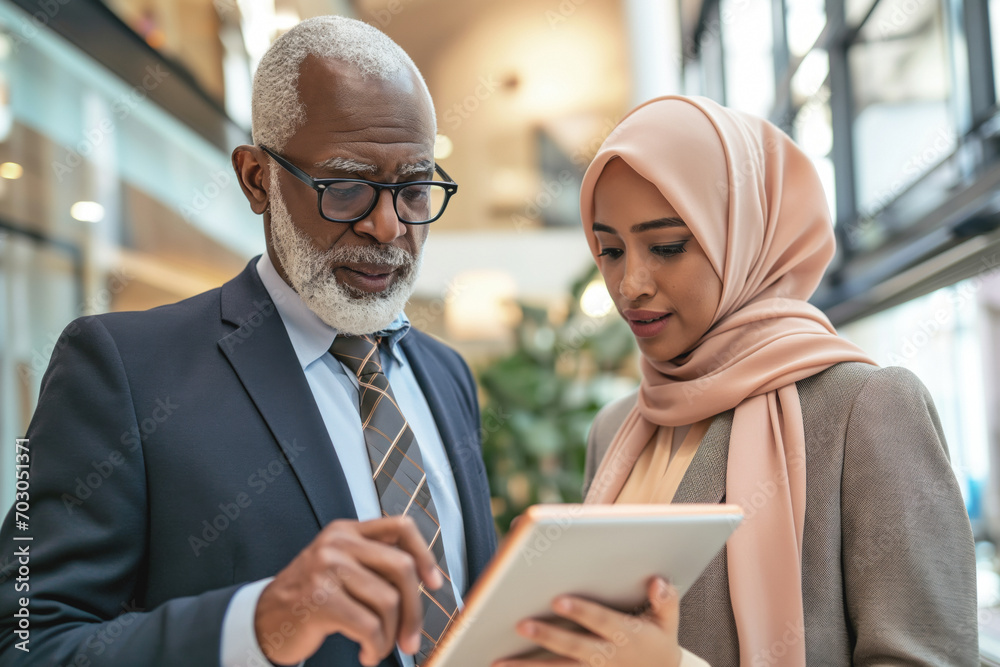 An African American executive, along with his assistant wearing a peach-colored hijab, is focused on making decisions with the data shown to him by his collaborator on tablet in a diverse environment An African American executive, along with his assistant wearing a peach-colored hijab, is focused on making decisions with the data shown to him by his collaborator on tablet in a diverse environment