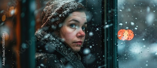 Woman peers through window amidst falling snow. photo