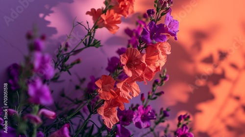 Snapdragon flowers against a gradient purple-to-orange paper. © Nasreen