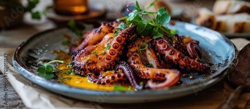 Traditional Spanish tapas dish with Galician-inspired octopus. photo