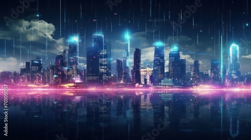 Modern City showed in Particles Hologram Cyberpunk Style