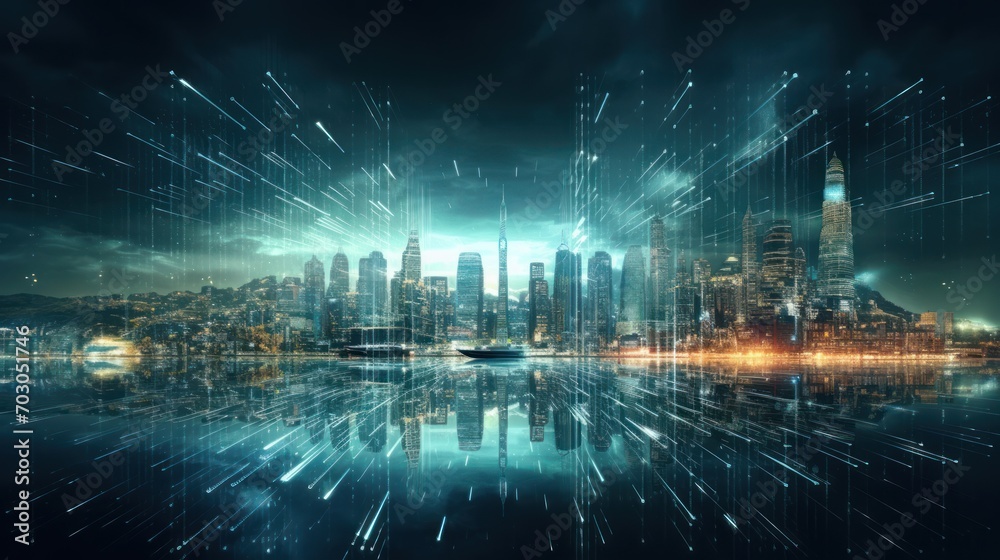 Fototapeta premium Modern City showed in Particles Hologram Cyberpunk Style