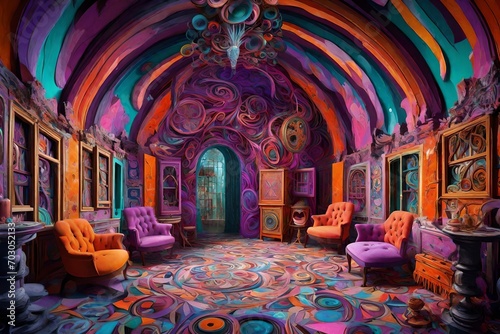 hansel and gretel, in the style of fantastical compositions, colorful, eye-catching compositions, symmetrical arrangements, purple, pink, orange and aquamarine, gothic references, spiral group, maximi photo