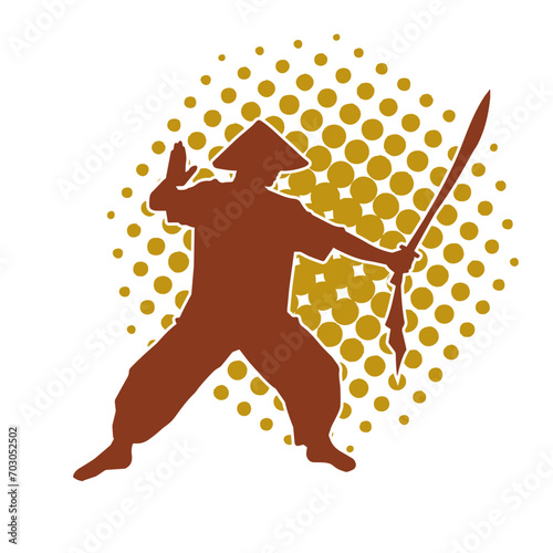 Silhouette of a sword warrior in action pose. Silhouette of a martial art person carrying sword weapon. Silhouette of kendo martial art pose.