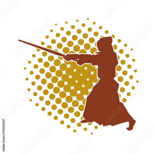 Silhouette of a sword warrior in action pose. Silhouette of a martial art person carrying sword weapon. Silhouette of kendo martial art pose.