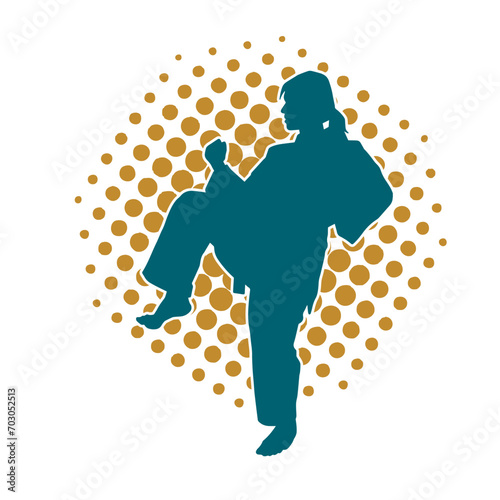Silhouette of a slim female doing martial art pose. Silhouette of a martial art woman in action pose.