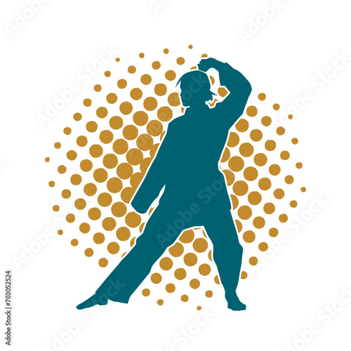 Silhouette of a slim female doing martial art pose. Silhouette of a martial art woman in action pose.