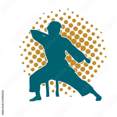 Silhouette of a slim female doing martial art pose. Silhouette of a martial art woman in action pose.