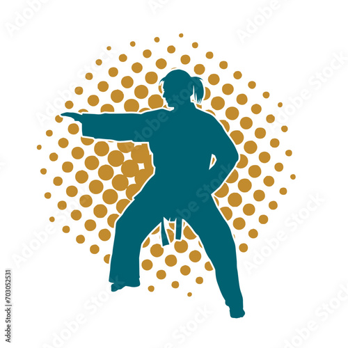 Silhouette of a slim female doing martial art pose. Silhouette of a martial art woman in action pose.