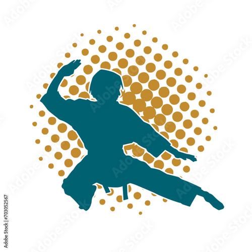 Silhouette of a slim female doing martial art pose. Silhouette of a martial art woman in action pose.