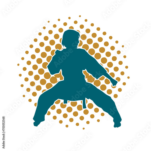 Silhouette of a slim female doing martial art pose. Silhouette of a martial art woman in action pose.