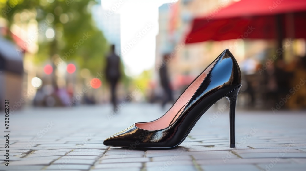 Zoomedin view of a pair of sleek patent leather pumps and a fashionable handbag, adding a touch of sophistication to a street style ensemble. - obrazy, fototapety, plakaty 