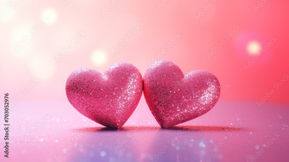 Two sparkling pink hearts on romantic pink background with soft bokeh. Love and Valentine's Day.