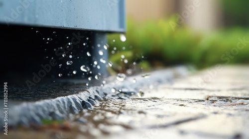Closeup of a downspout diverting rainwater into a collection barrel. photo