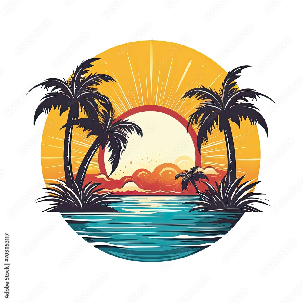 Tropical paradise palm trees and sun logo concept poster for the holidays and vacation Summer paradise