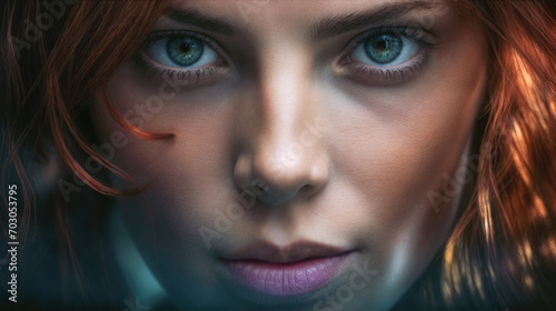 Extreme closeup of a young woman with red hair and intense eyes. Skin care and cosmetics.