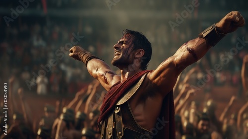 Generative AI image of a Greek gladiator man hanging his head up in pride © Eitan Baron