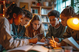 group of young student doing homework together, sharing idea concept