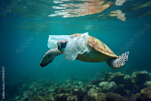 Generative AI image of turtle swimming with plastic bag © Eitan Baron