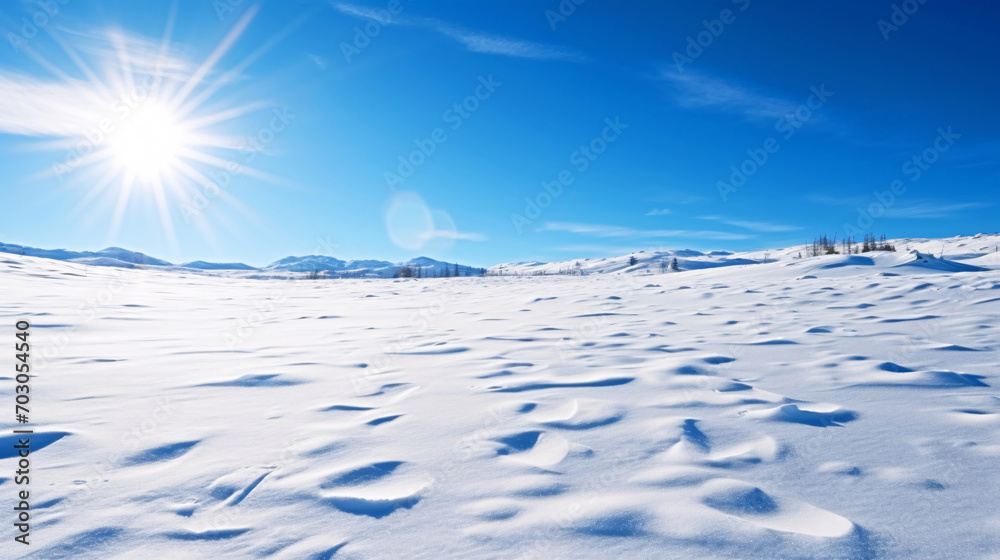 冬の背景、太陽と地平線まで続く雪景色