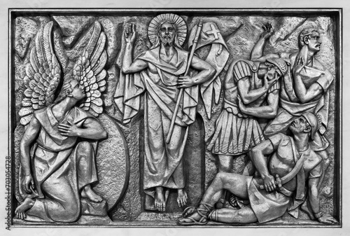 The Resurrection of Jesus – First Glorious Mystery. A relief sculpture in the Basilica of Our Lady of the Rosary of Fatima. 10 Aug 2023.