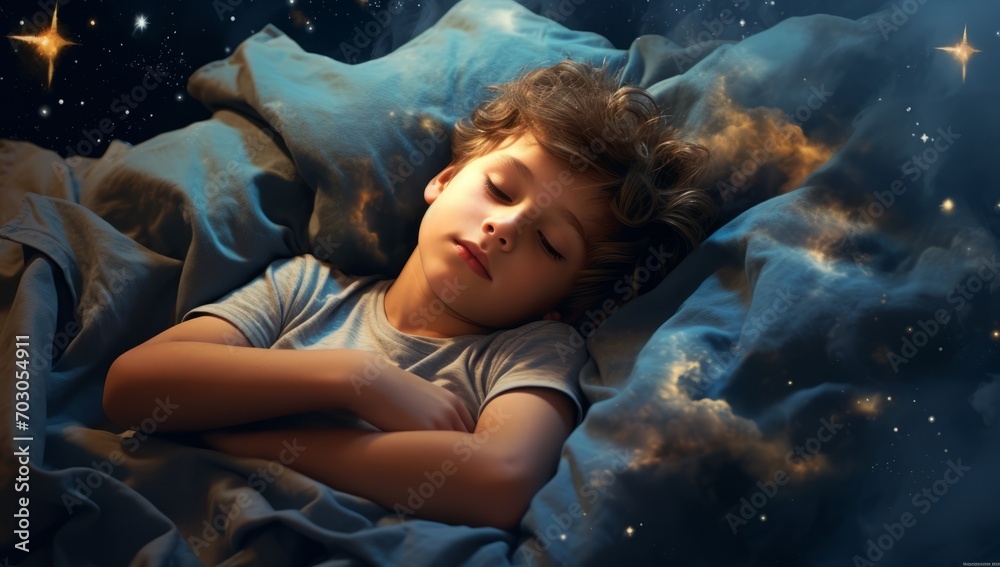 Generative AI image of kid sleeping under the stars on the bed with ...