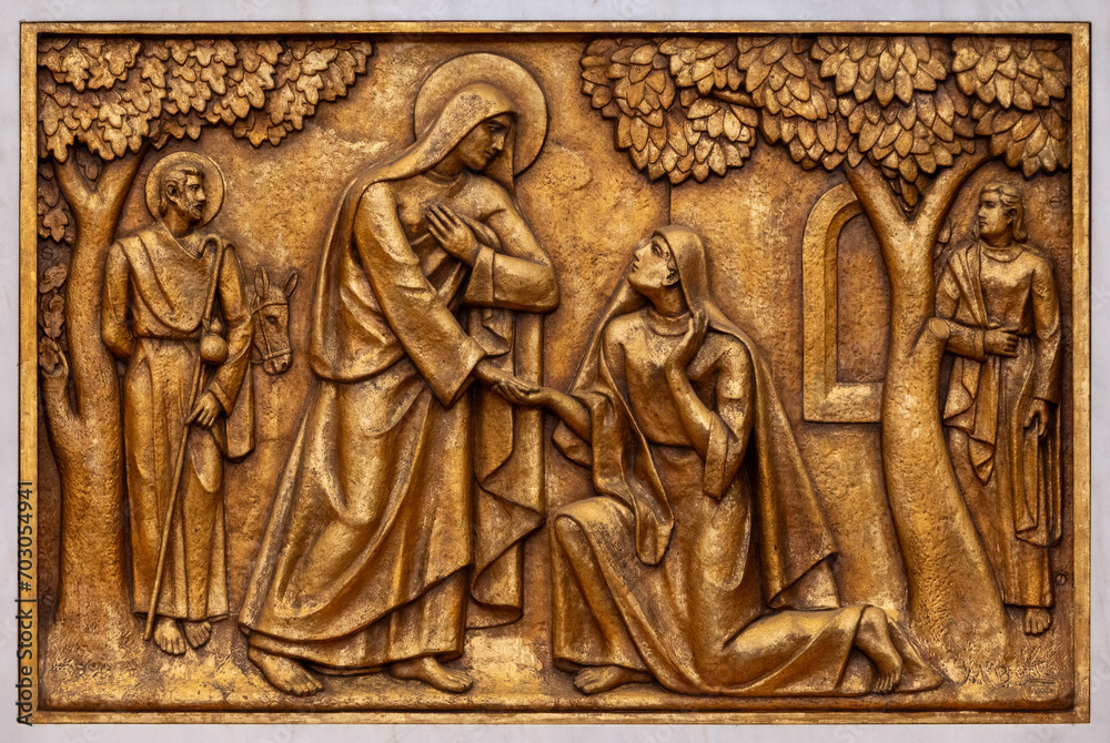 The Visitation of Mary to Elizabeth – Second Joyful Mystery. A relief sculpture in the Basilica of Our Lady of the Rosary of Fatima. 10 Aug 2023.