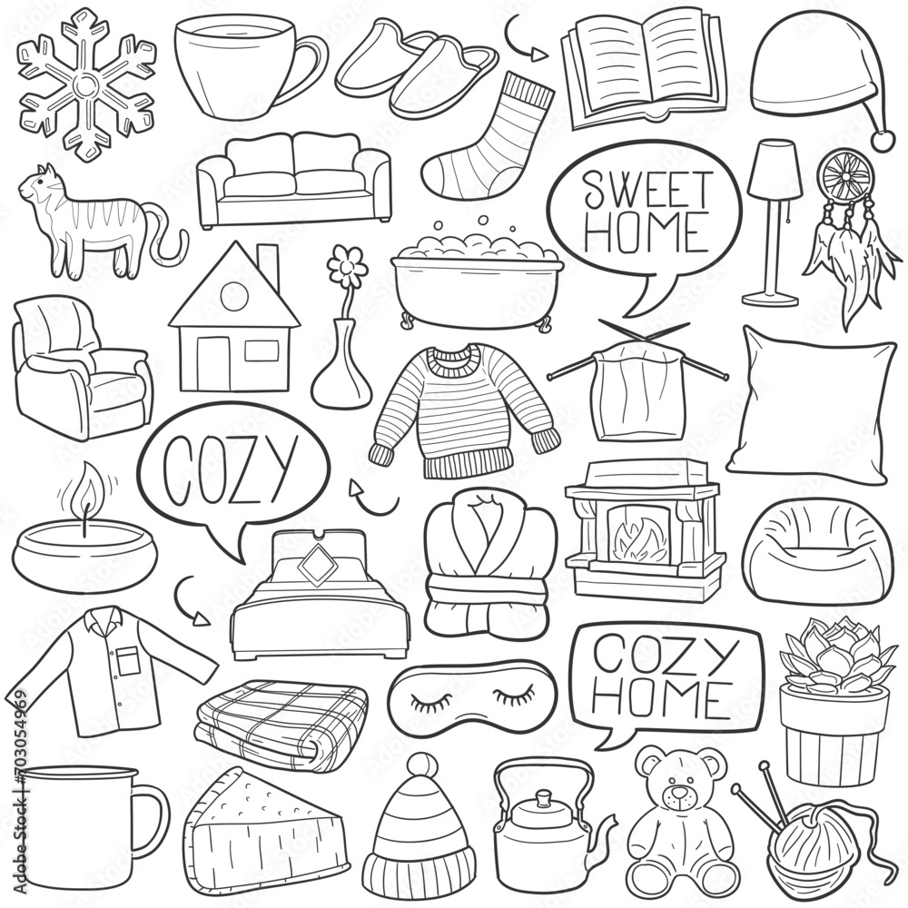 Cozy Home Doodle Icons Black and White Line Art. Home Sweet Home Clipart Hand Drawn Symbol Design.